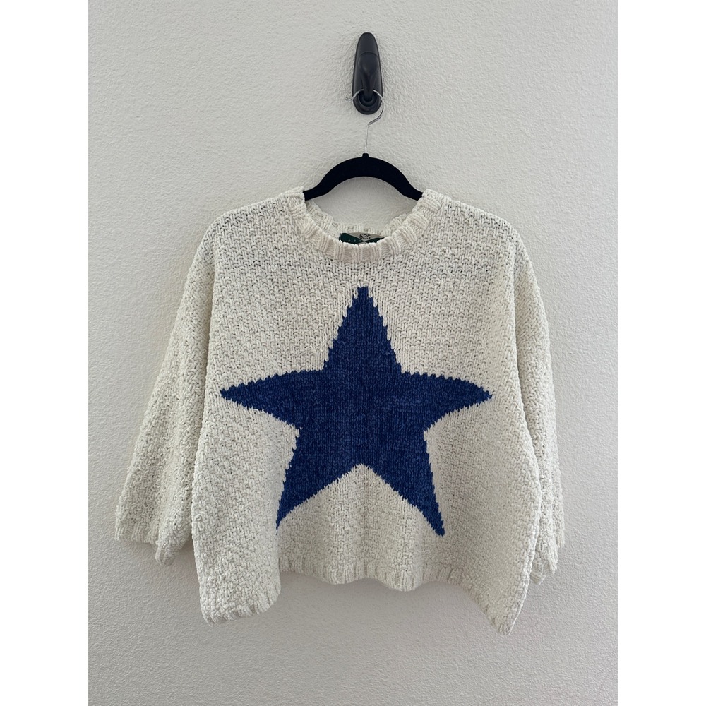 525 America Sweater S/M Ivory Blue Star Chenille Chunky Knit Oversized Cozy